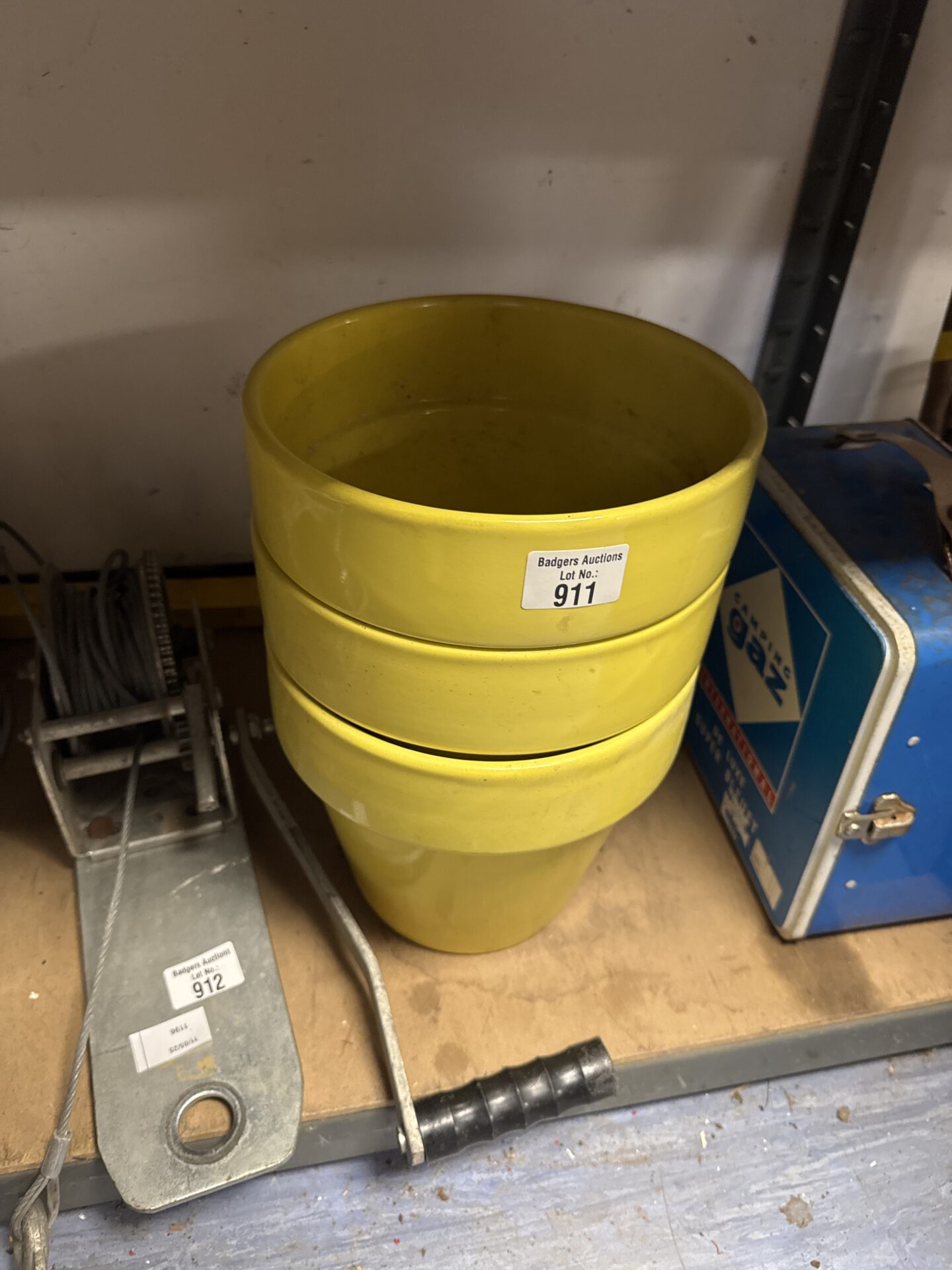 911 Three yellow plant pots 8.5” diameter