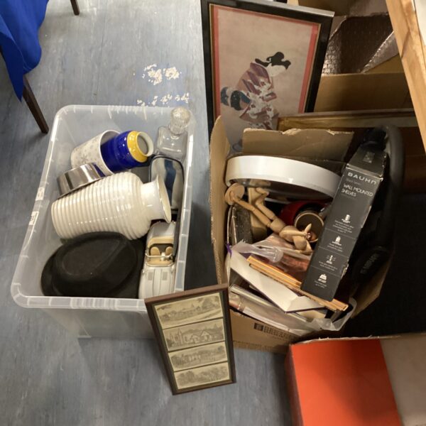 House clearance lot featuring a Bauhn glass shelf unit and mixed contents.