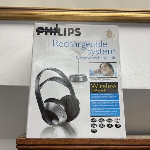 Front view of vintage Philips wireless HiFi headphones.