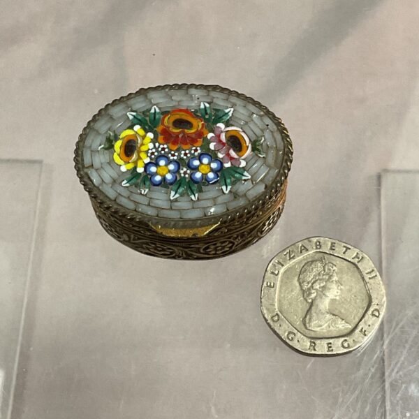 Antique Italian millifiori pill box with floral mosaic design.