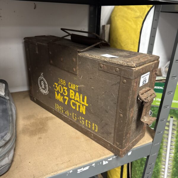 Vintage wooden ammo box with iron banding marked 288 Cart MK7.
