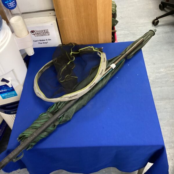 Fishing tackle bundle including brolly, net and whip.