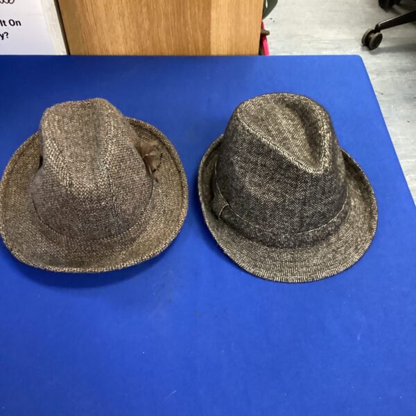 Vintage tweed trilby hats, including a Linney Burghley model.