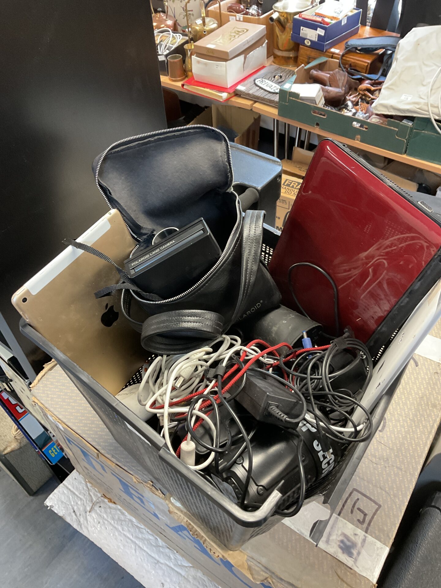 168 Box of electricals including apple ipad & polaroid camera