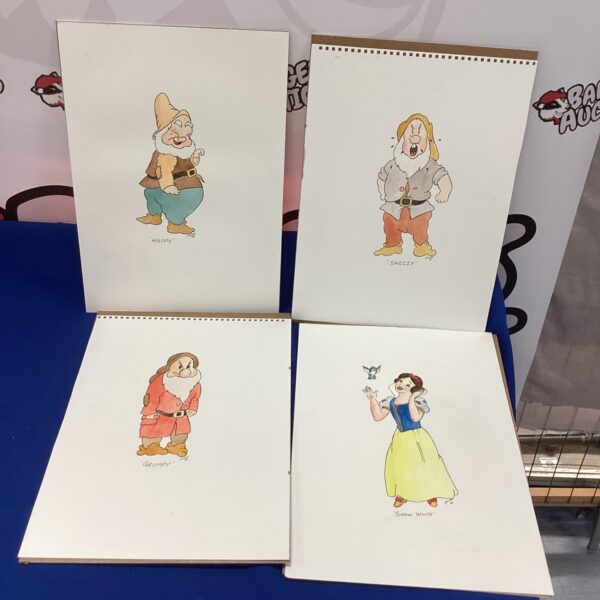 Vintage Walt Disney Snow White dwarfs drawing, classic animation art.