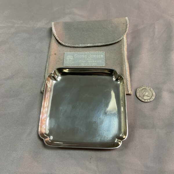 Vintage Georg Jensen silver pin dish with protective pouch.