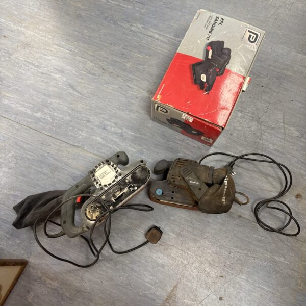 Two belt sanders, Einhell and Performance Pro, for DIY and woodworking.