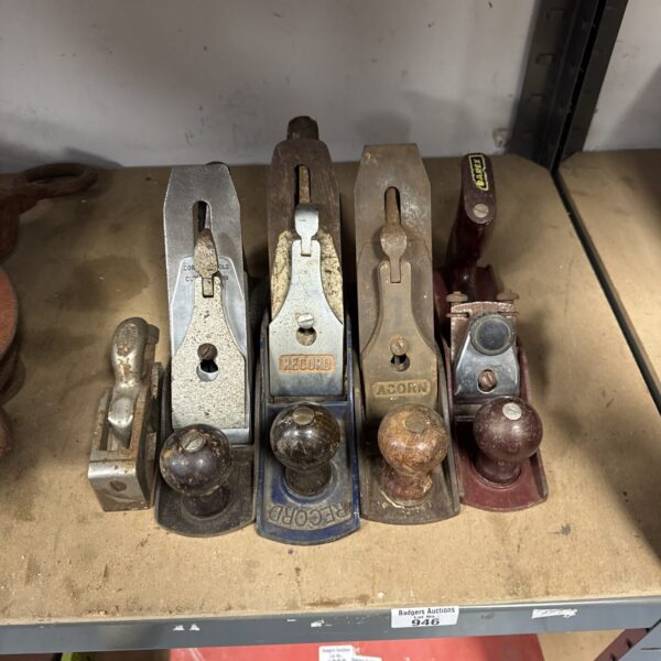 Lot of five vintage wood planes including Record and Acorn brands.