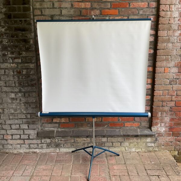 Vintage Bell & Howell folding projector screen with tripod stand.