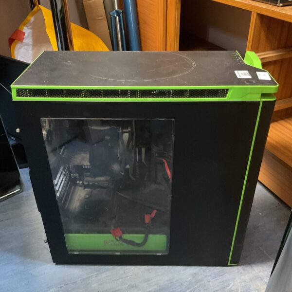 Black NZXT H510 gaming computer case with tempered glass side panel.
