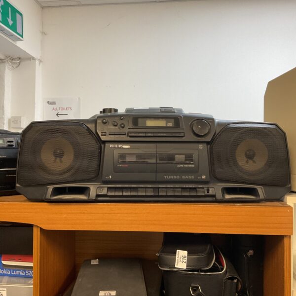 Front view of vintage Philips super bass boombox with cassette player.