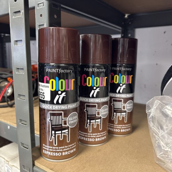 Three cans of Colour It espresso brown spray paint for DIY projects.