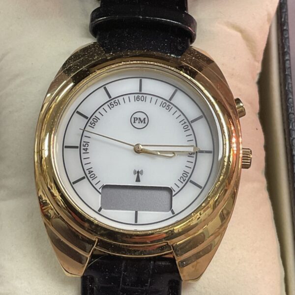 Gold tone Philip Mercier quartz wristwatch with digital display.
