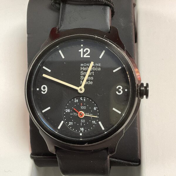 Front view of the Mondaine Helvetica Smart Watch with blue dial.