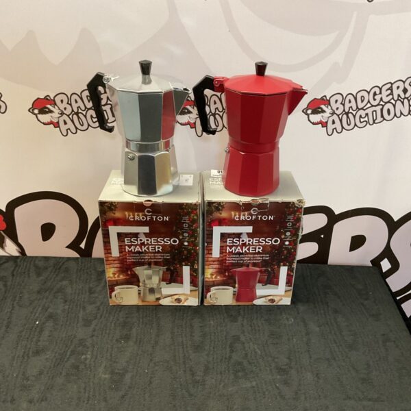 Pair of vintage Crofton aluminium stovetop espresso makers.