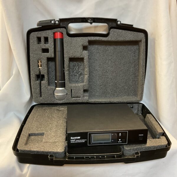 Sound Lab UHF true diversity wireless microphone system in case.