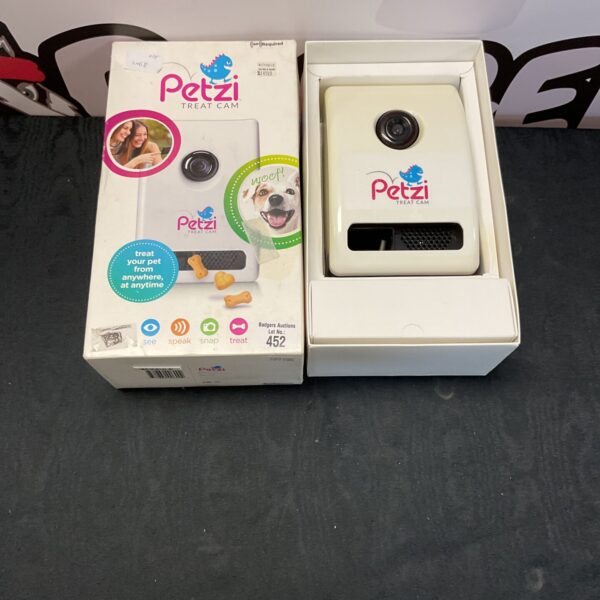 Front view of the Petzi Treat Cam pet camera and treat dispenser.