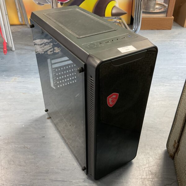 Black MSI gaming PC tower with dragon logo.