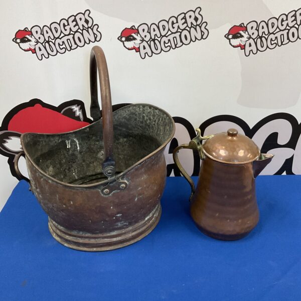 Vintage copper coal scuttle and jug set, antique fireplace accessory.