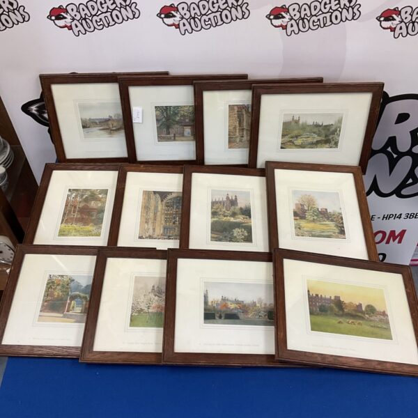 Set of twelve framed college and school prints for wall decor.