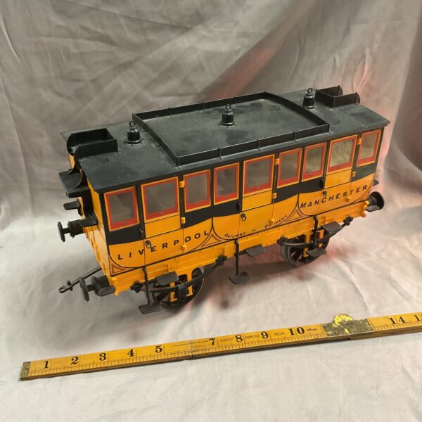 Vintage Hornby Liverpool Manchester Railway carriage, a collectible model train.