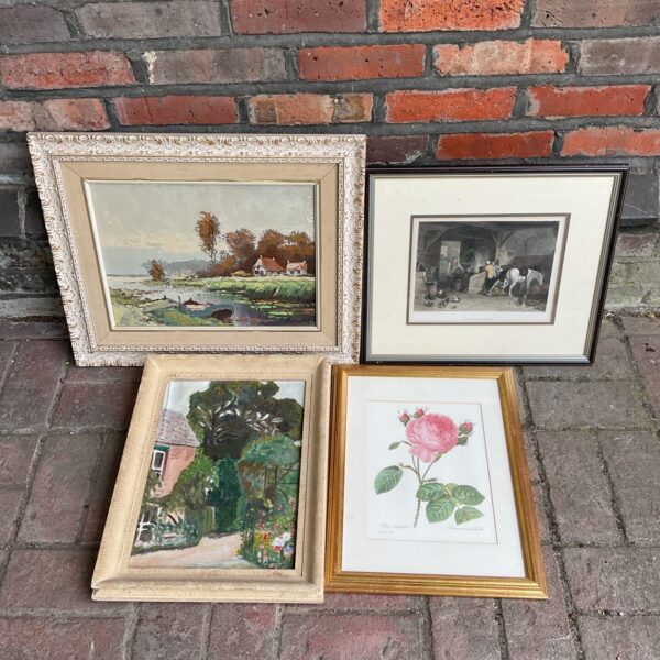 Lot of four framed landscape paintings and prints for wall decor.