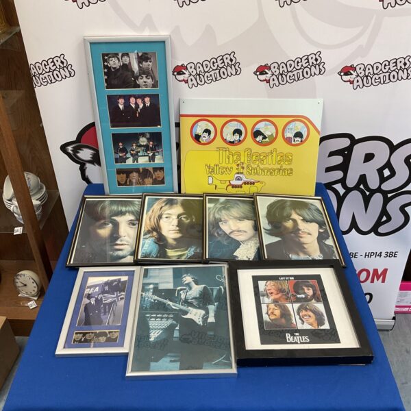 Framed collection of vintage Beatles prints and photographs.