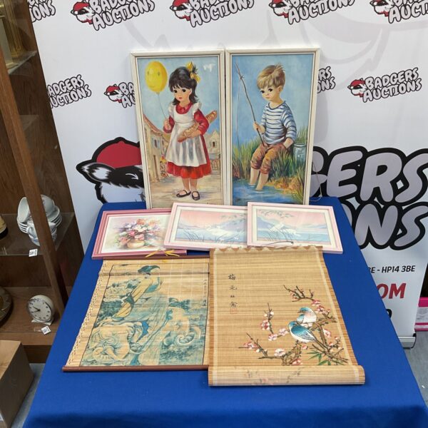 Vintage prints and oriental bamboo artwork lot for collectors.