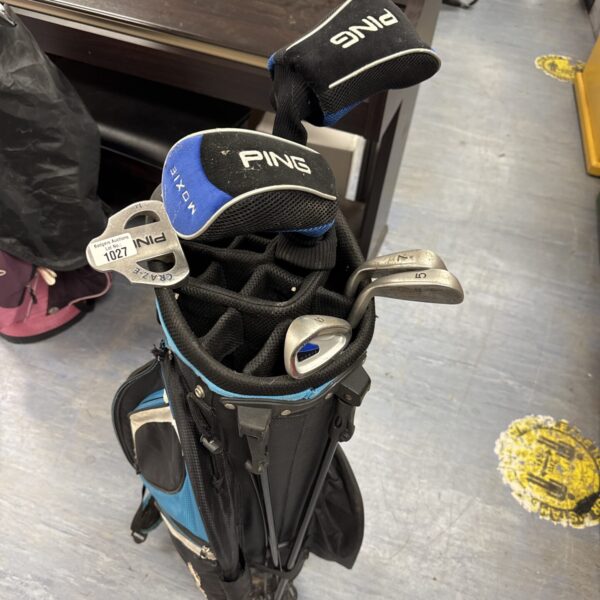 Pre-owned Ping Moxie junior golf clubs with golf bag.
