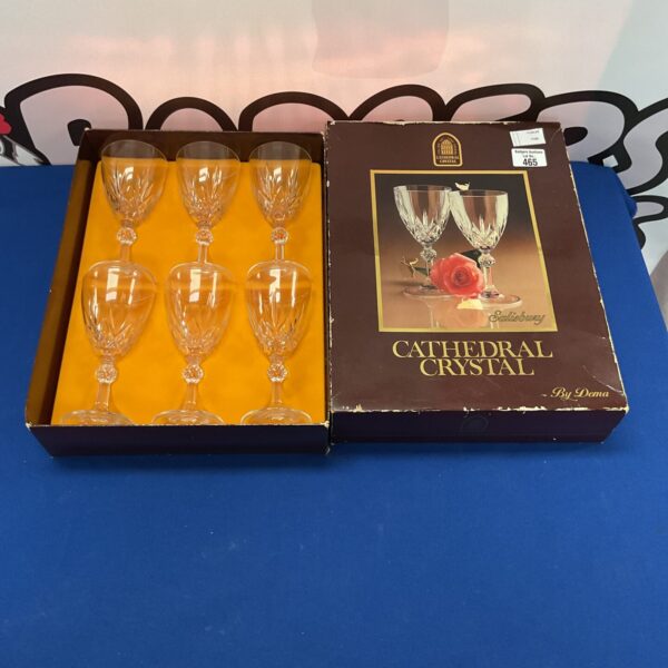 Set of six vintage Cathedral crystal glasses with cut detailing.
