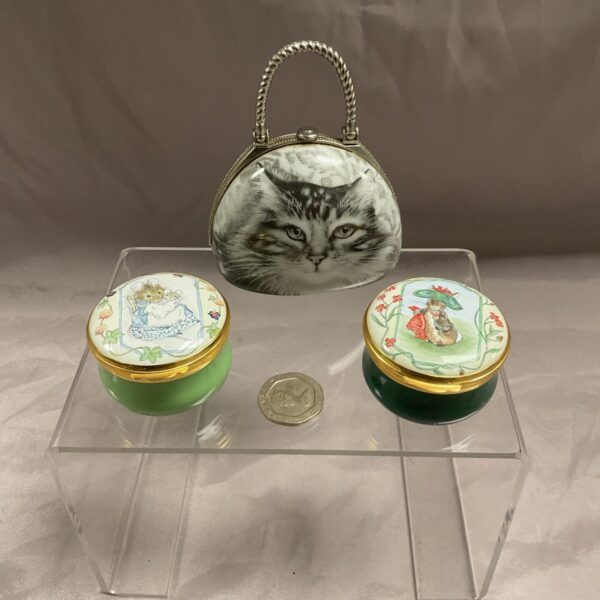 Antique Royal Doulton pill pots and Regency cat trinket pot collection.