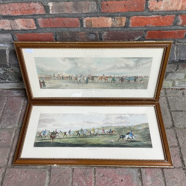 Antique pair of Henry Alken Newmarket race engravings, titled "Training" and "Preparing to Start".