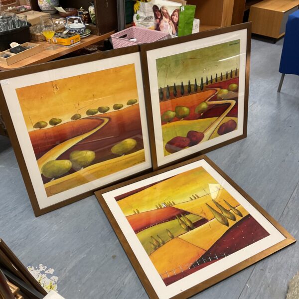 Set of three large framed Stacy Dynan abstract landscape prints on display.