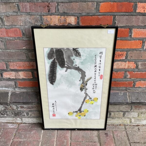 Antique Chinese scroll painting of a songbird with red seal mark.