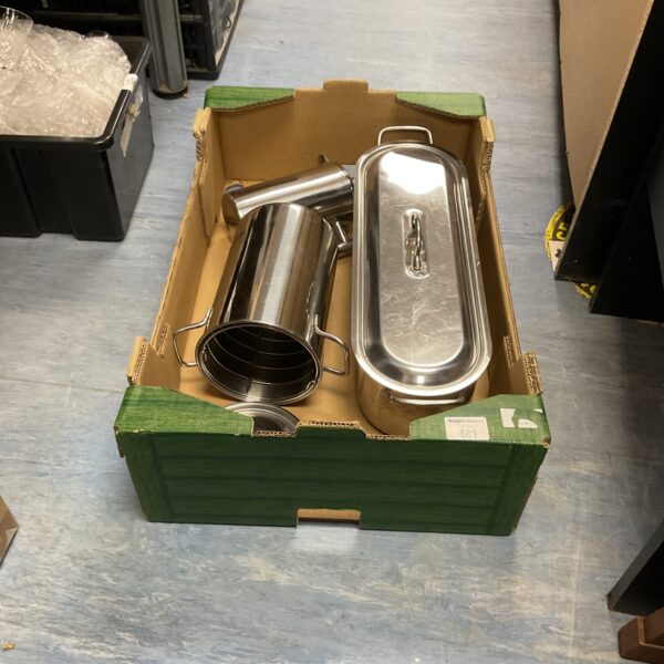 Vintage kitchenware lot featuring a stainless steel fish poacher and tray.