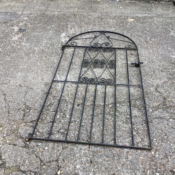 Decorative metal garden gate with curved top design.