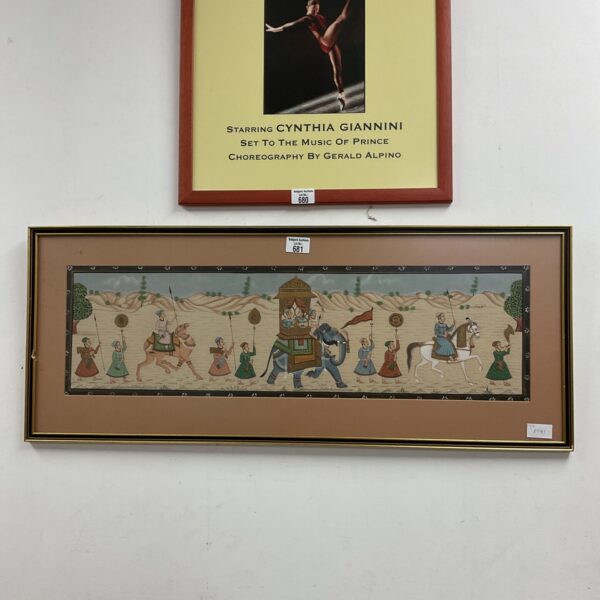 Antique Indian royal procession painting on silk with vibrant colours.