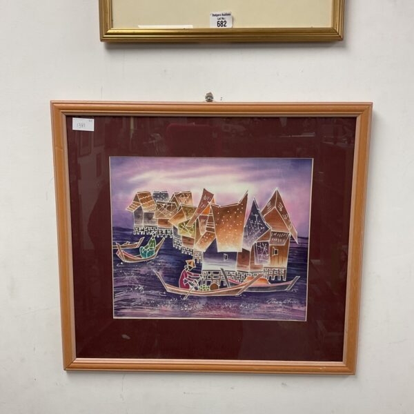 Vibrant Asian silk print of a traditional fishing village scene.