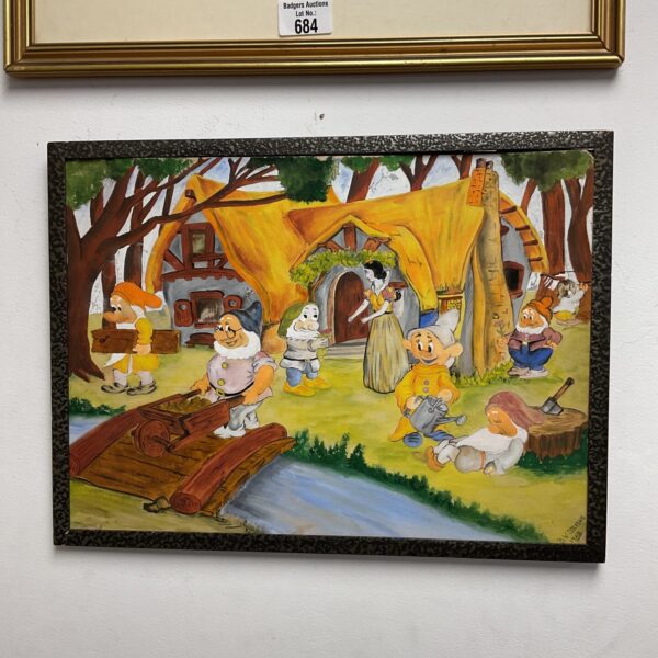 Vintage 1942 watercolour painting of Snow White and the Seven Dwarfs by B W Stevens.