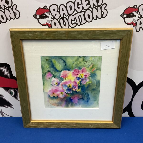 Signed Aileen Lawrence watercolour painting of vibrant polyanthus flowers.