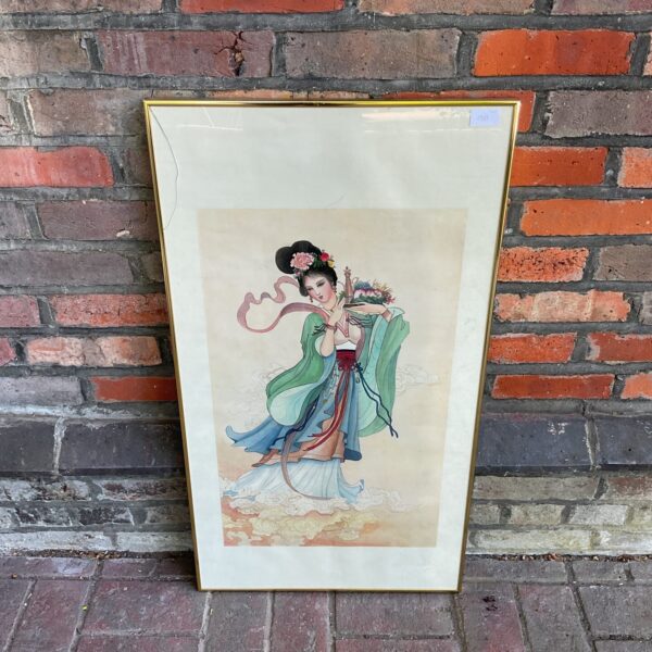 Traditional Chinese watercolour painting of a lady with fruit.