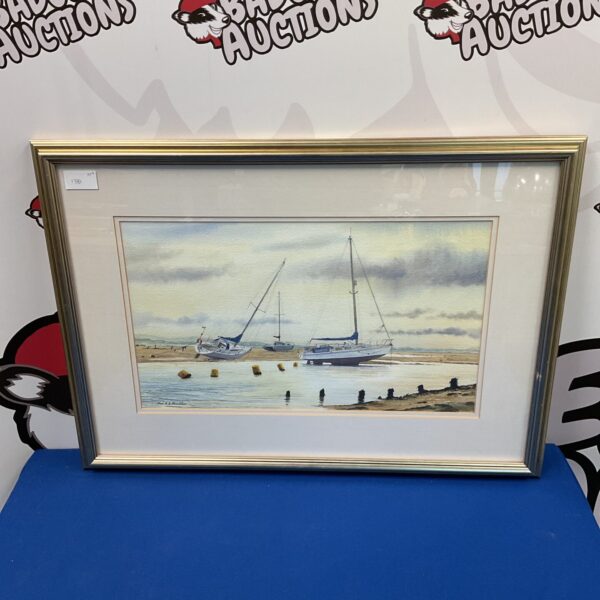 Max Hamblen watercolour painting of yachts at low tide.