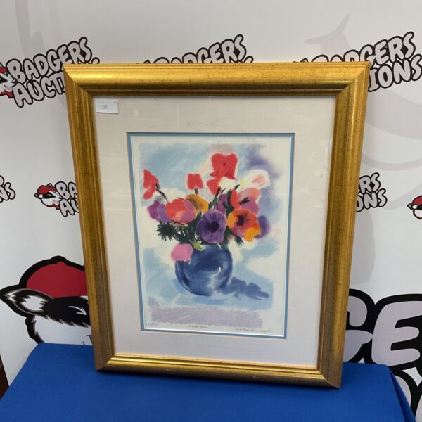 Vibrant Martin Broardbent lithograph of anemones in a vase.
