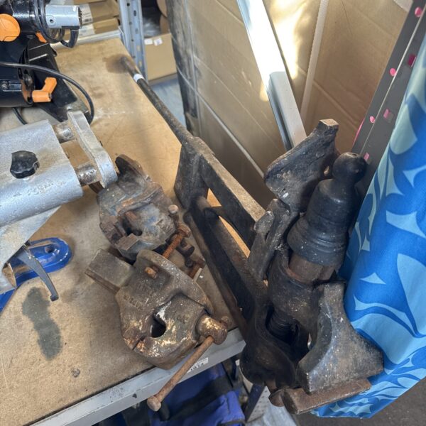 Vintage bench clamp set with two No1 bench vices for woodworking.