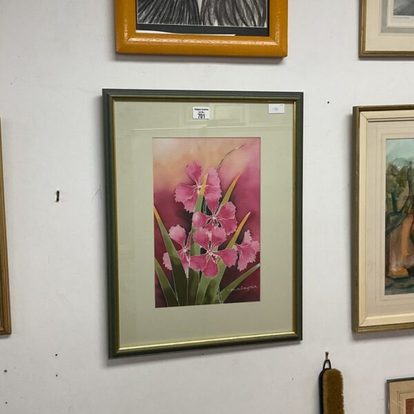 Delicate watercolour painting of pink iris flowers by Malayna.