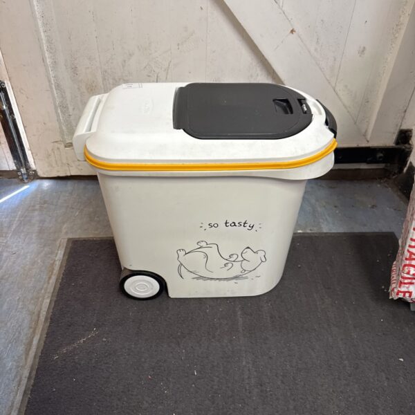 Curver wheeled dog food bin with grey and blue design.