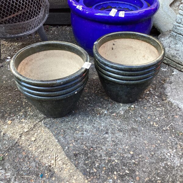 Lot of two glazed garden pots for outdoor plants.