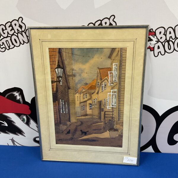 Signed 1992 watercolour painting of a European town street by S. Beznikova.