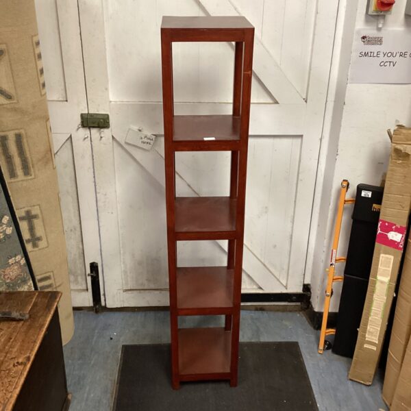 Dark wooden five-tier display stand for retail or home use.