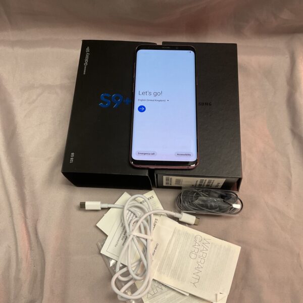 Samsung Galaxy S9+ smartphone displayed in its original packaging.